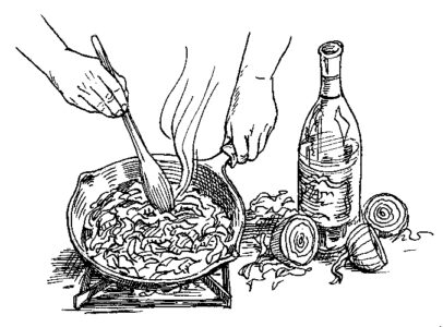black and white illustration of hands stirring onions in a pan over the stove. A&hellip;